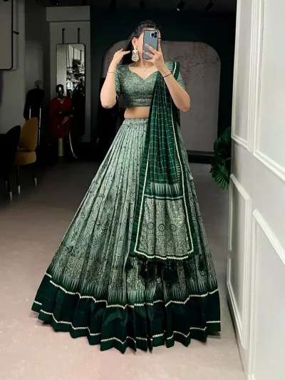 Tasar Silk Kalamkari Printed Lehenga with Lace Border & Tassel Dupatta